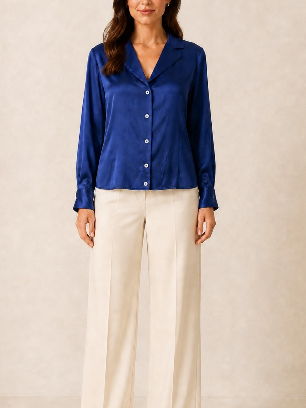 Lafayette 148 New York Blue Silk Satin Button Down Blouse Size 12